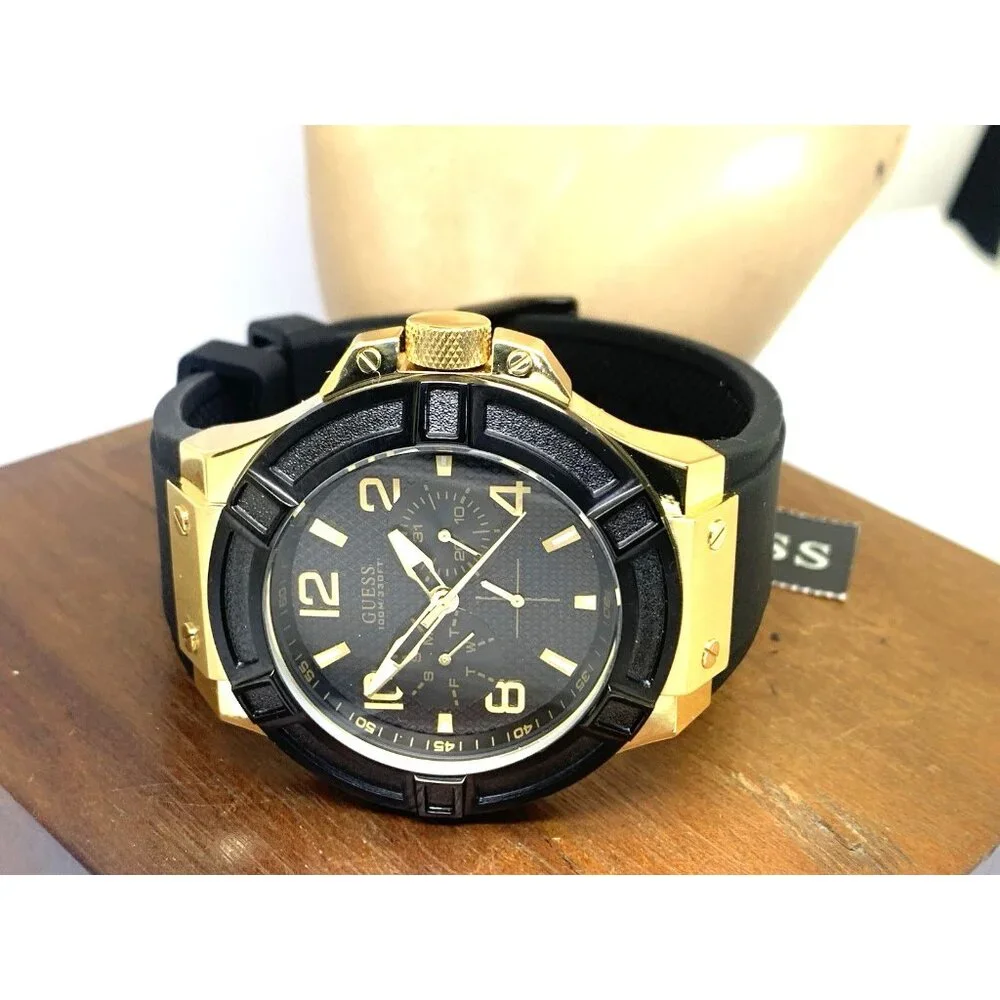 Guess Men's Watch U0247G6 Quartz Black Dial Gold Steel Rubber Strap 45mm